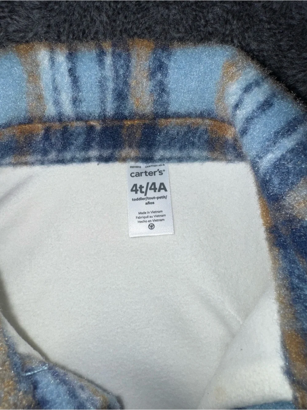 Carter's Blue, Navy and Tan Plaid Fleece Jacket